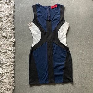 Akira navy, white, and black color blocking bodycon dress